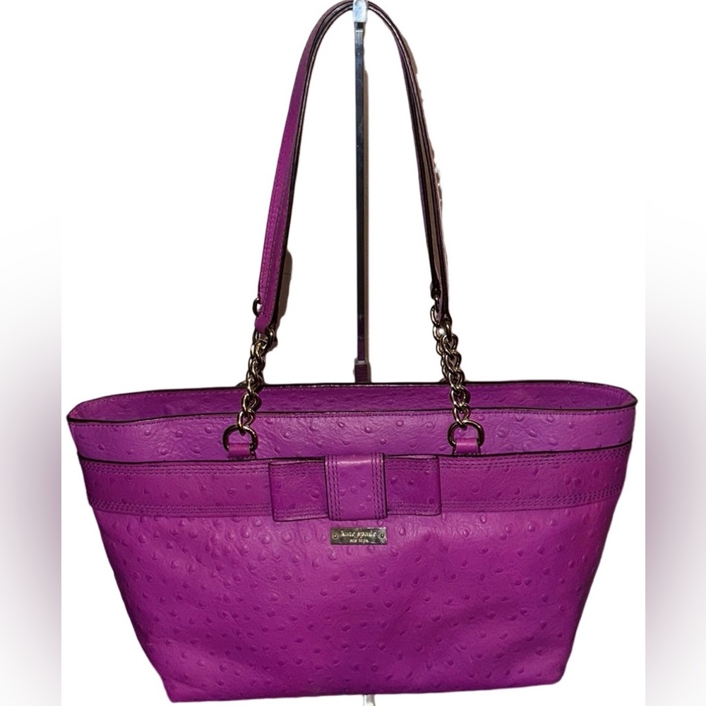 Kate Spade Rose Avenue Embossed Ostrich Leather Bow Tote Bag Baja Rose Purple - Picture 2 of 16